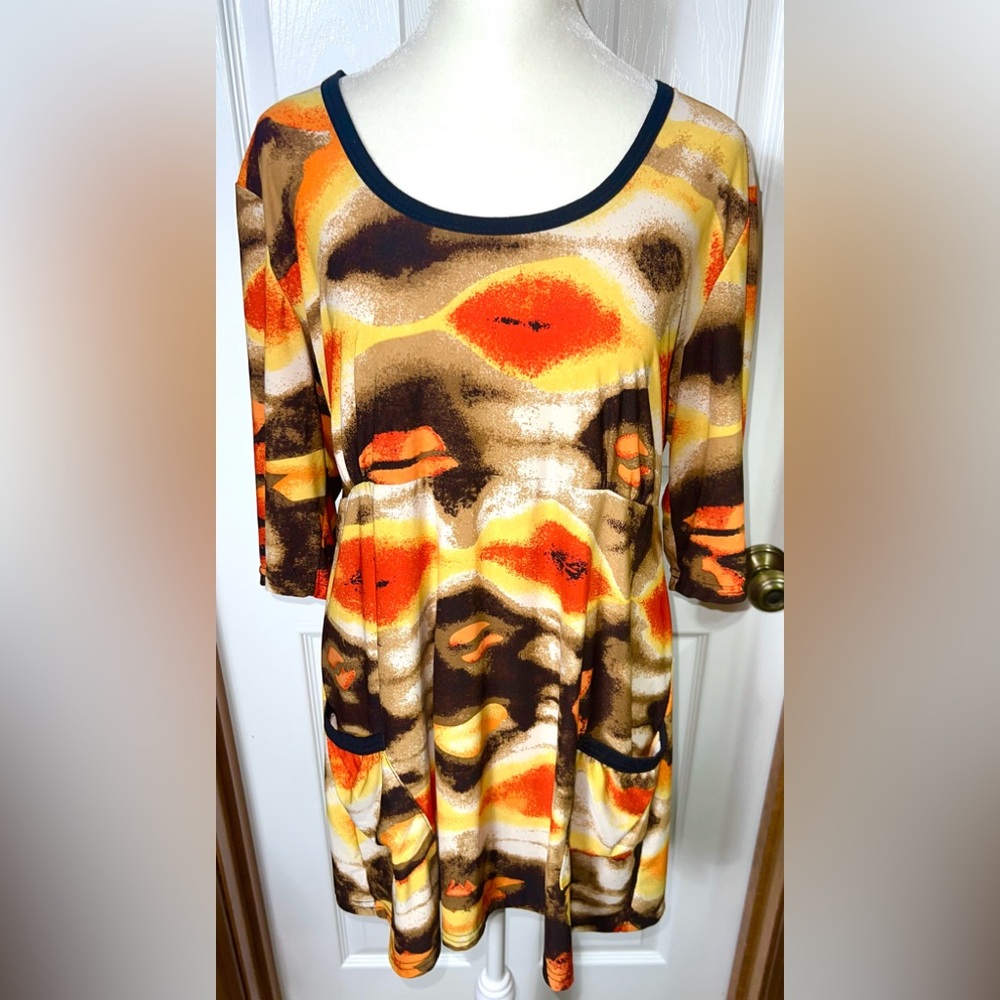 (READ) Nice Wear Y2K Tunic Top Blouse Abstract Orange/Brown/Yellow Tie Back L